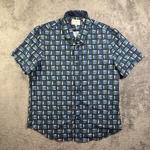 Construct Mens Button Up Slim Fit Shirt XL 4 Way Stretch Fish Print Hawaiian Blk